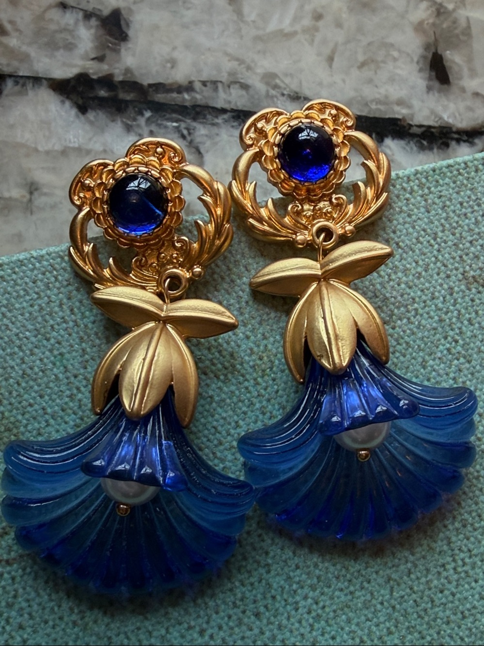 Vintage KJL Blue Morning Glory Trumpet Flower Earrings – Rare Original Pierced